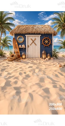 Tło fotograficzne „Nadmorska chatka z deską surfingową i latarniami” | 4076